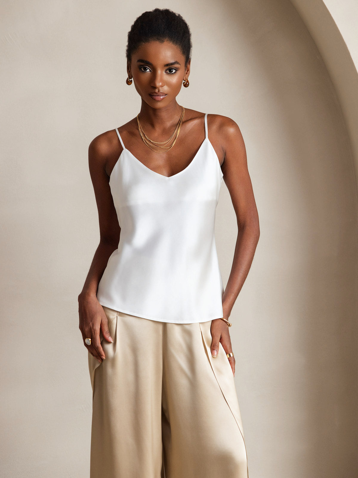 [White] SilkSilky  Pure Silk V Neck Camisole Top 001