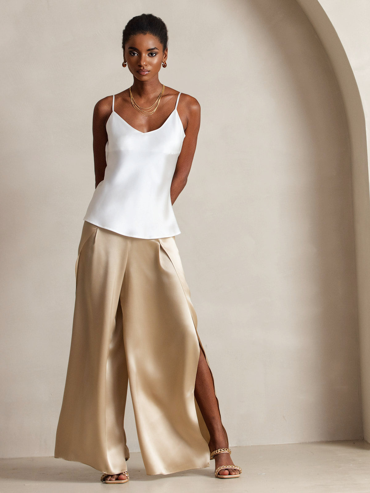 [White] SilkSilky  Pure Silk V Neck Camisole Top 004