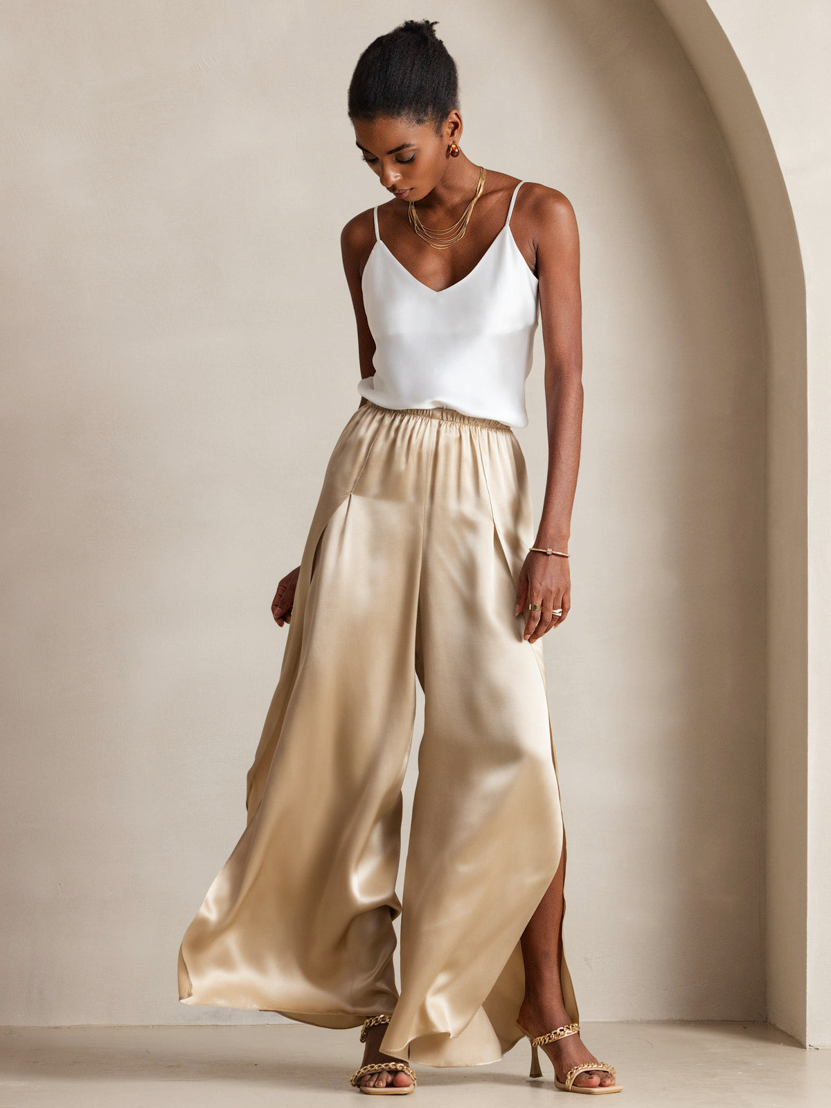 [White] SilkSilky  Pure Silk V Neck Camisole Top 005