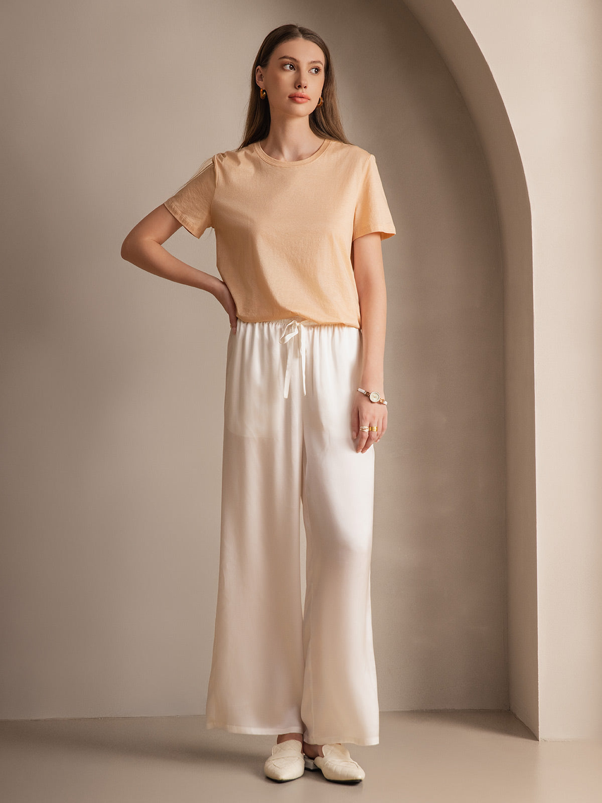 【KIXI】★(UNISEX) Mix material side line maxi pants Pure Silk Wide Leg Women's Pants with Elastic Waist Design