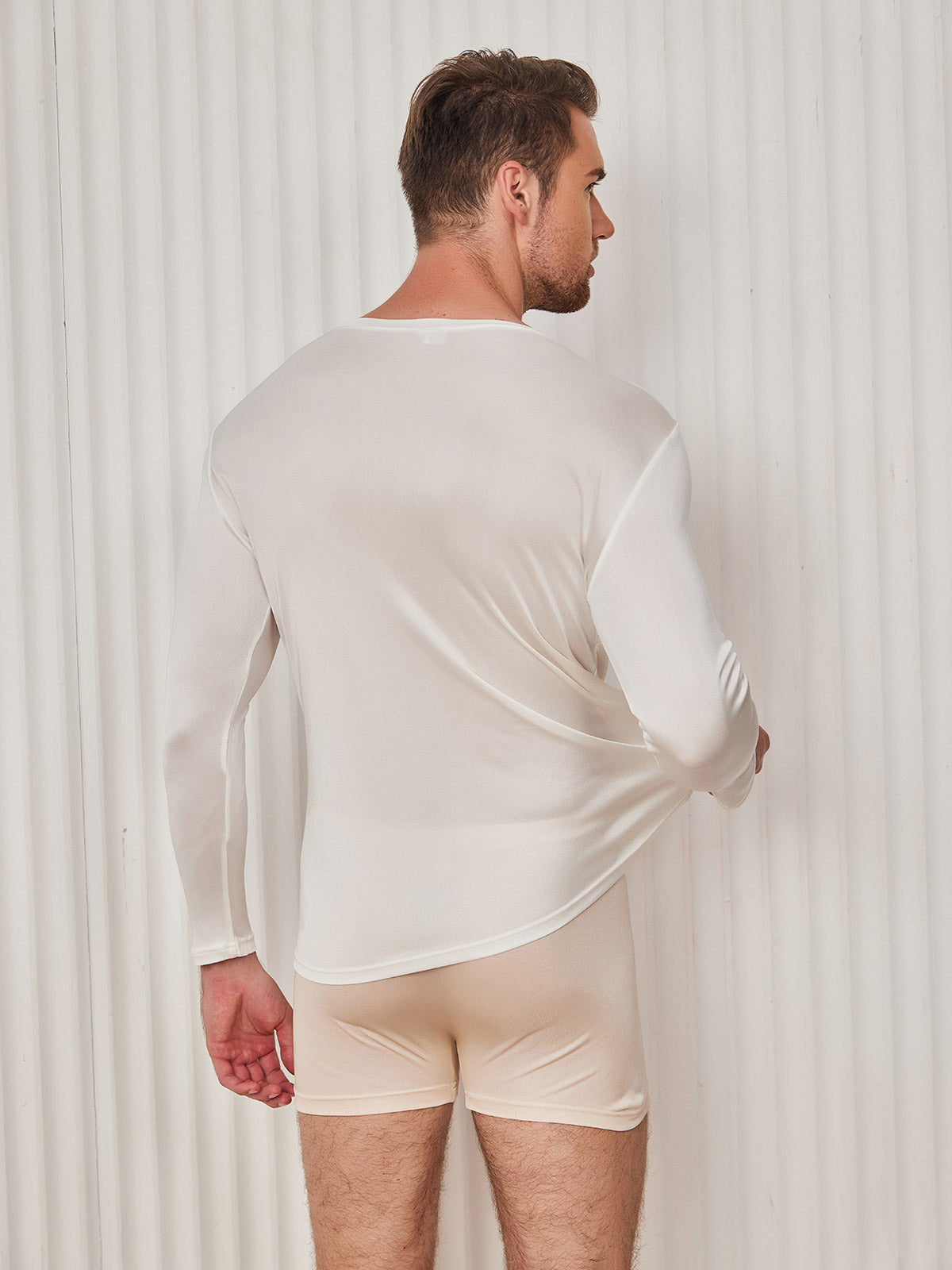 [White] SilkSilky Silk Knitted Long Sleeve Round Neck Men's T-Shirt 002