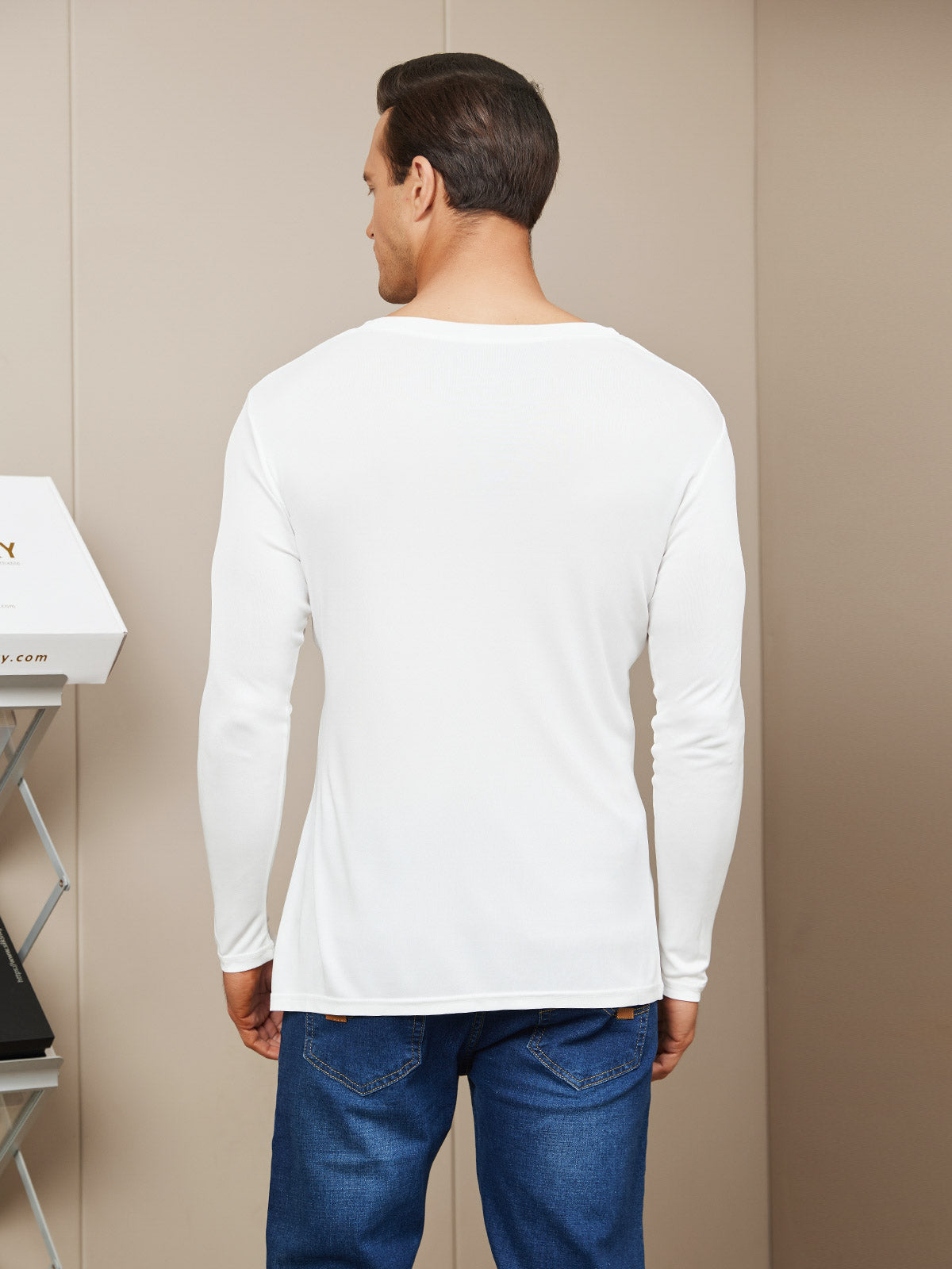 [White] SilkSilky Silk Knitted Long Sleeve V Neck Men's T-Shirt 002
