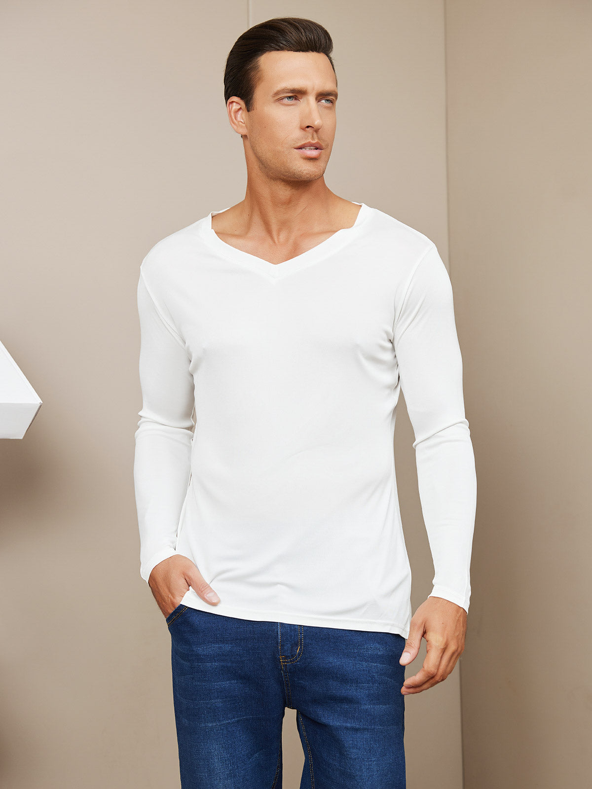 [White] SilkSilky Silk Knitted Long Sleeve V Neck Men's T-Shirt 003
