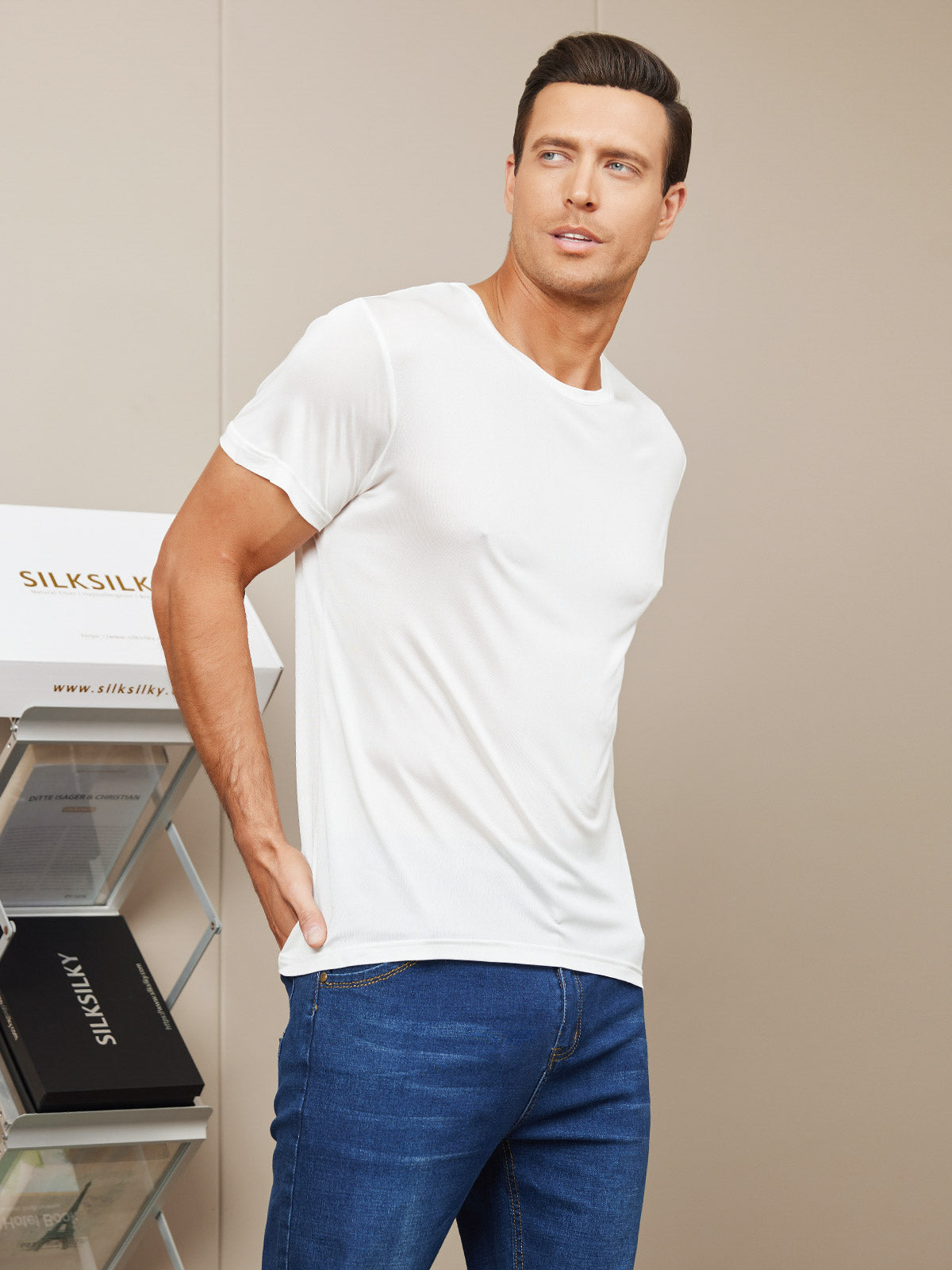 [White] SilkSilky Silk Knitted Short Sleeve Round Neck Men's T-Shirt 005