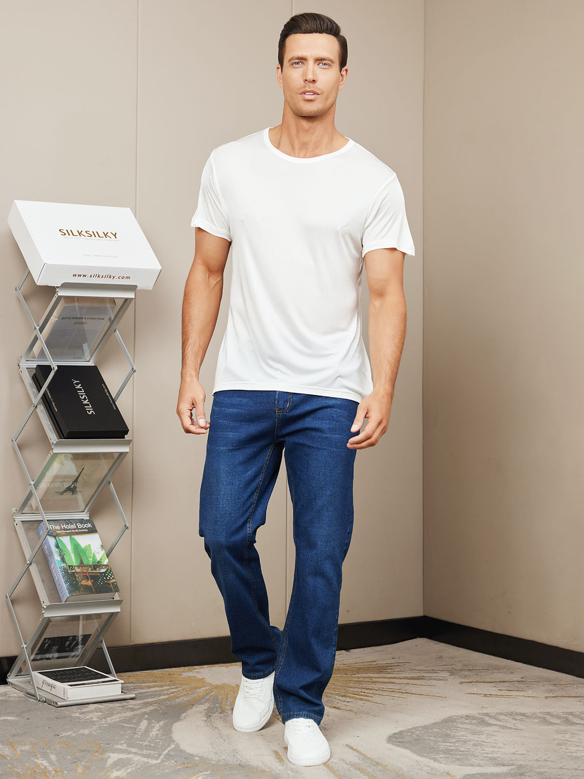 [White] SilkSilky Silk Knitted Short Sleeve Round Neck Men's T-Shirt 006