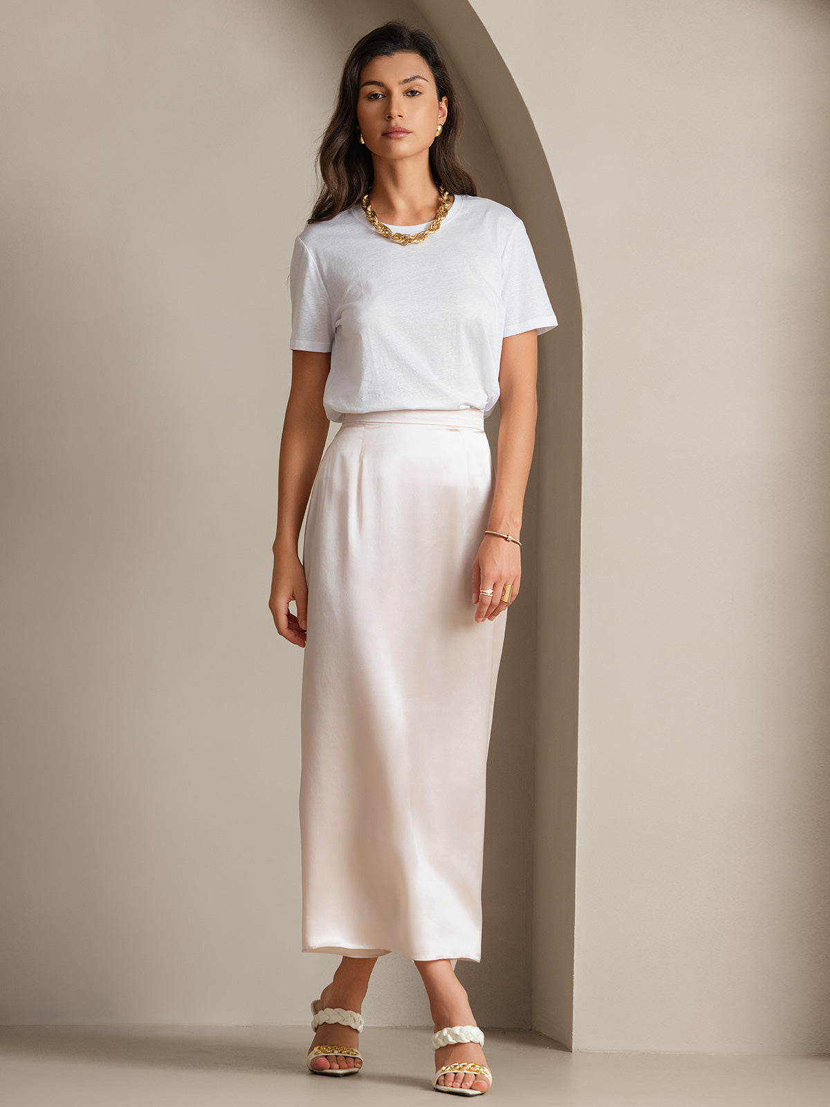 [White] SilkSilky Silk Knitted Short Sleeve Round Neck Women's T-Shirt 006