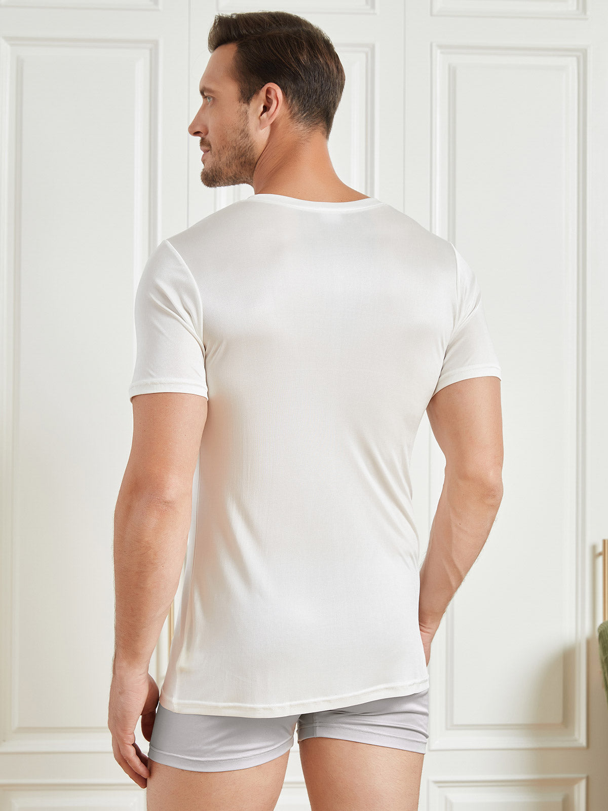 [White] SilkSilky Silk Knitted Short Sleeve V Neck Men's T-Shirt 002