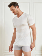 [White] SilkSilky  Short Sleeve V Neck Men's T-Shirt 004