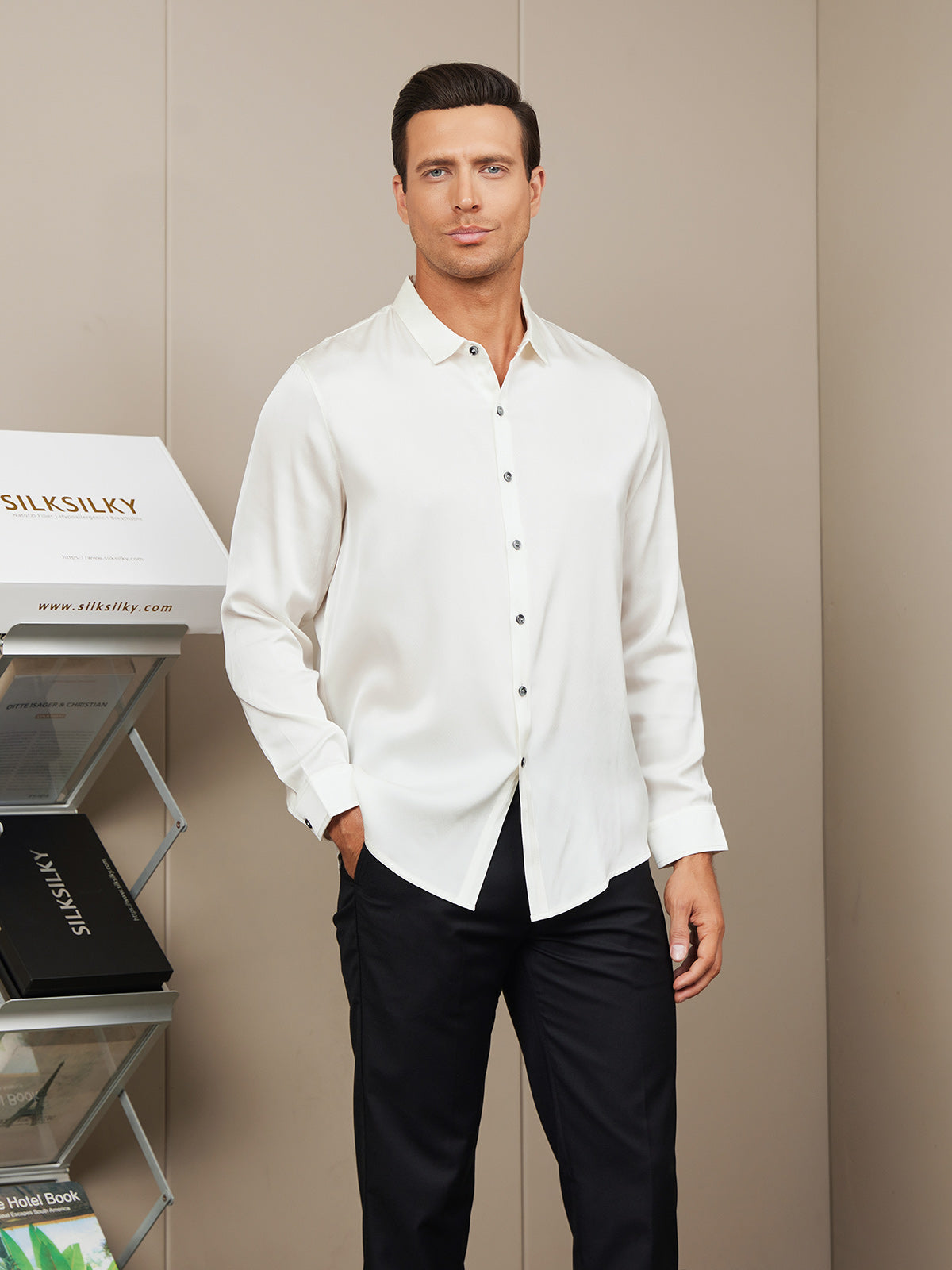 [White] SilkSilky Silk Long Sleeve Collar Men's Shirt 001