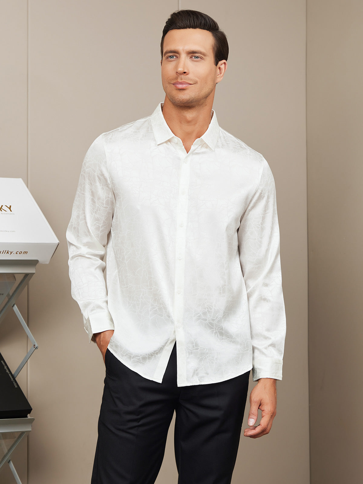 [White] SilkSilky Silk Long Sleeve Collar Men's Shirt 001