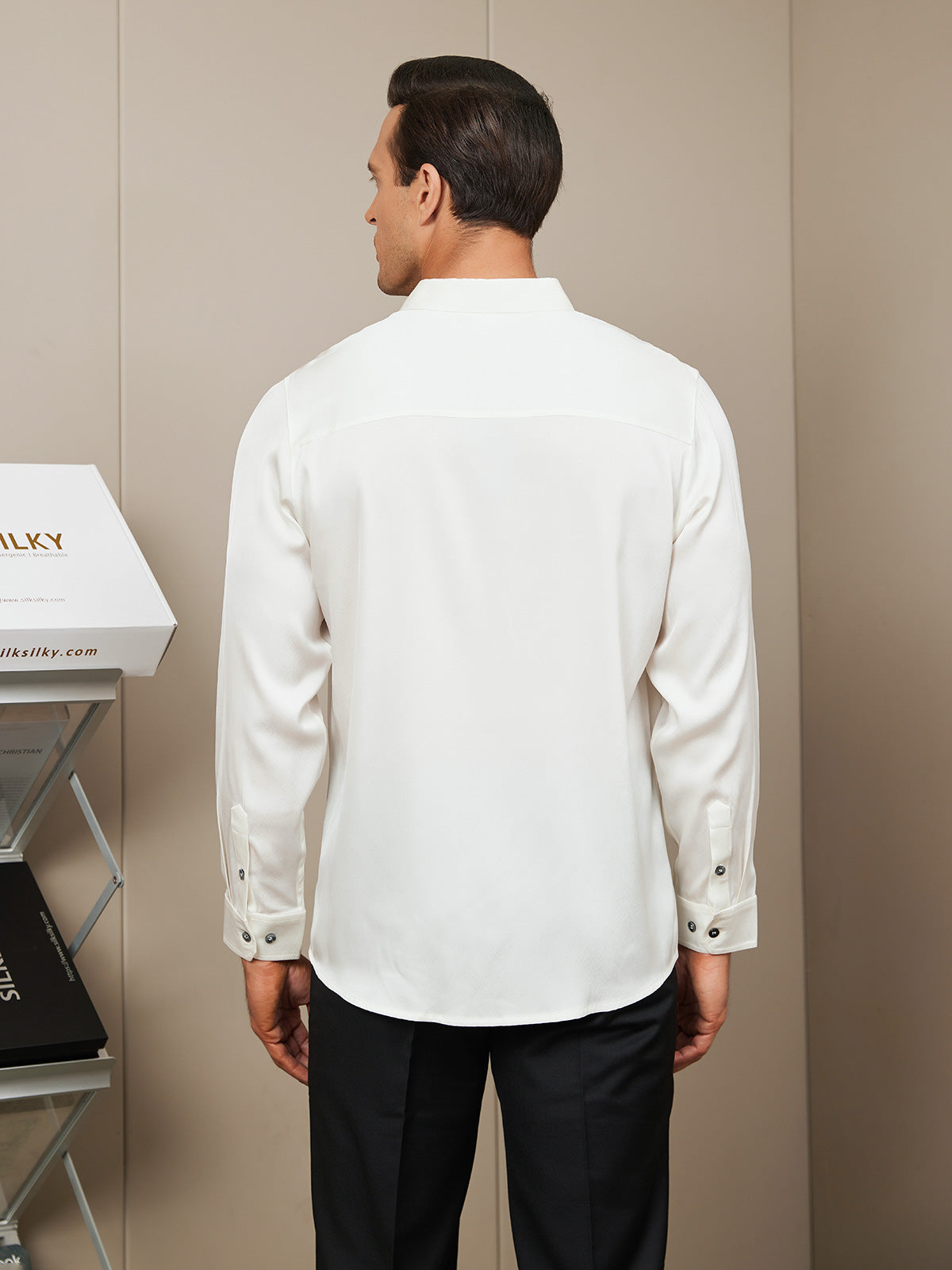 [White] SilkSilky Silk Long Sleeve Collar Men's Shirt 002