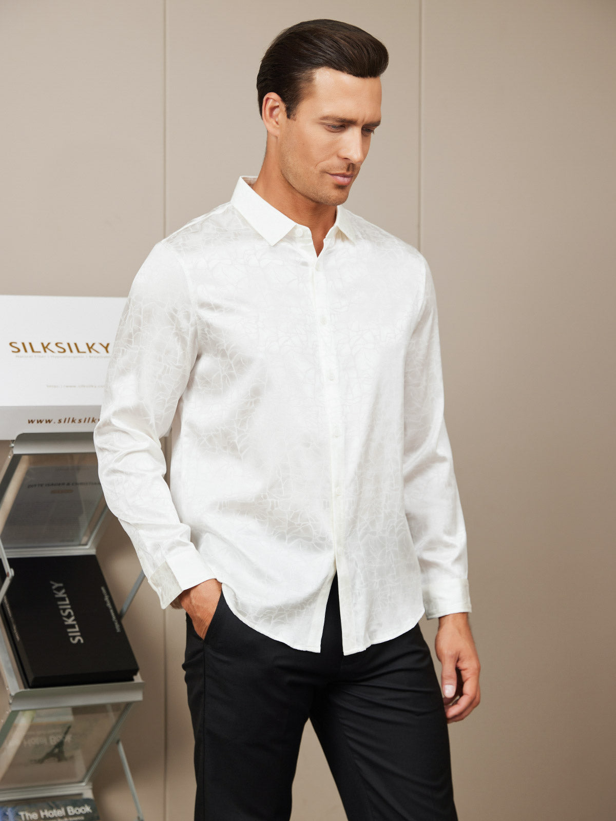 [White] SilkSilky Silk Long Sleeve Collar Men's Shirt 004