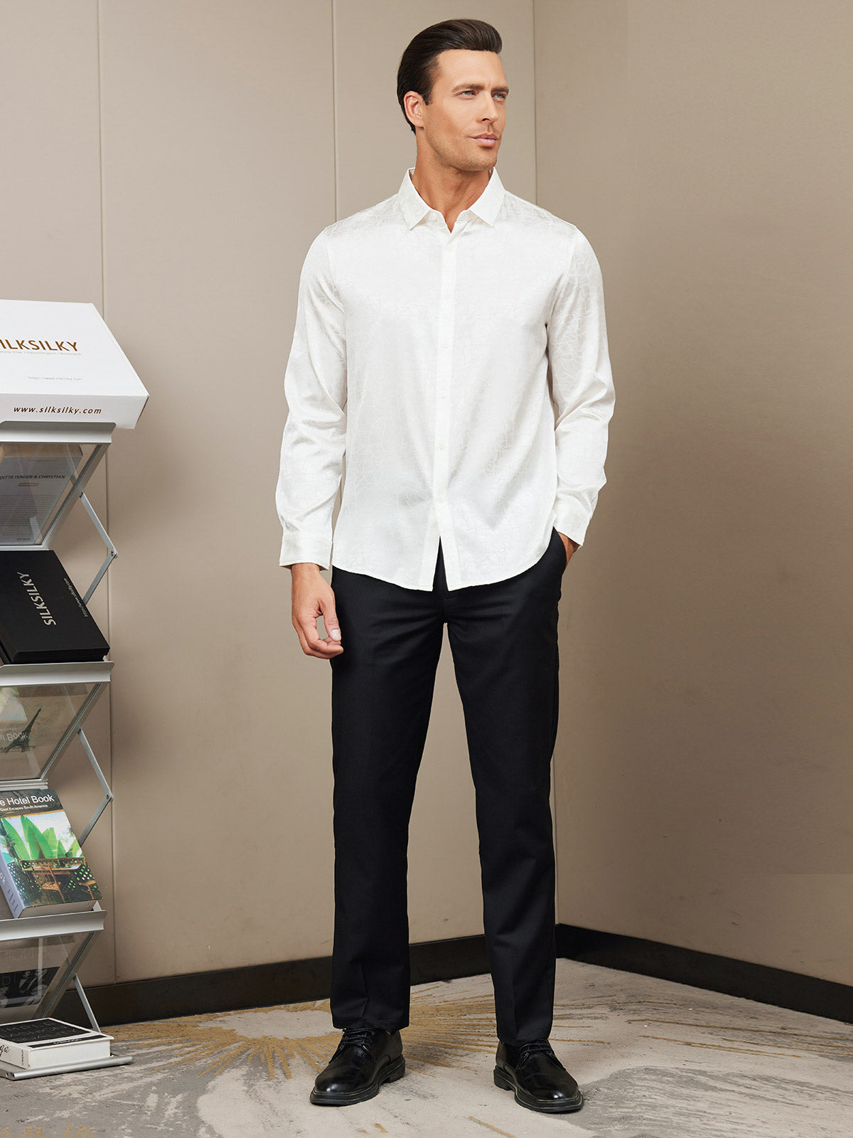 [White] SilkSilky Silk Long Sleeve Collar Men's Shirt 006
