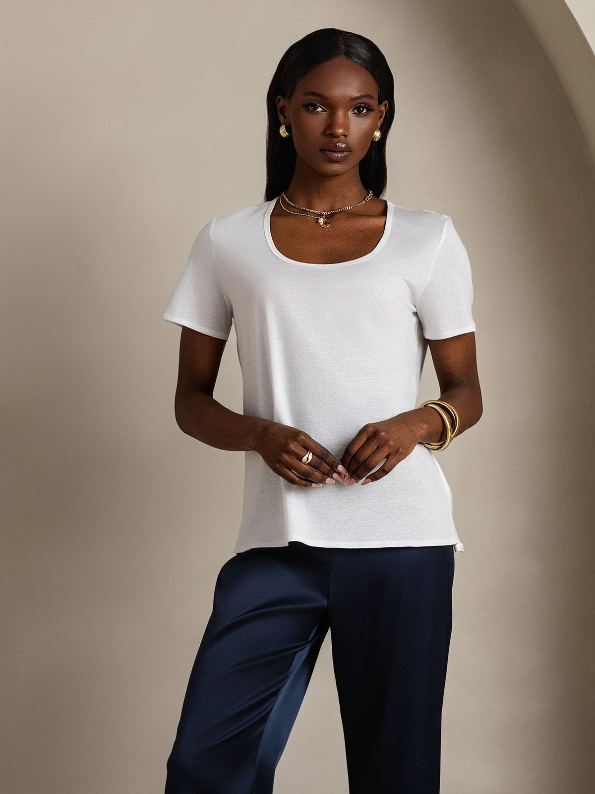 [White] SilkSilky Silk Short Sleeve U Neck Women's T-Shirt 003