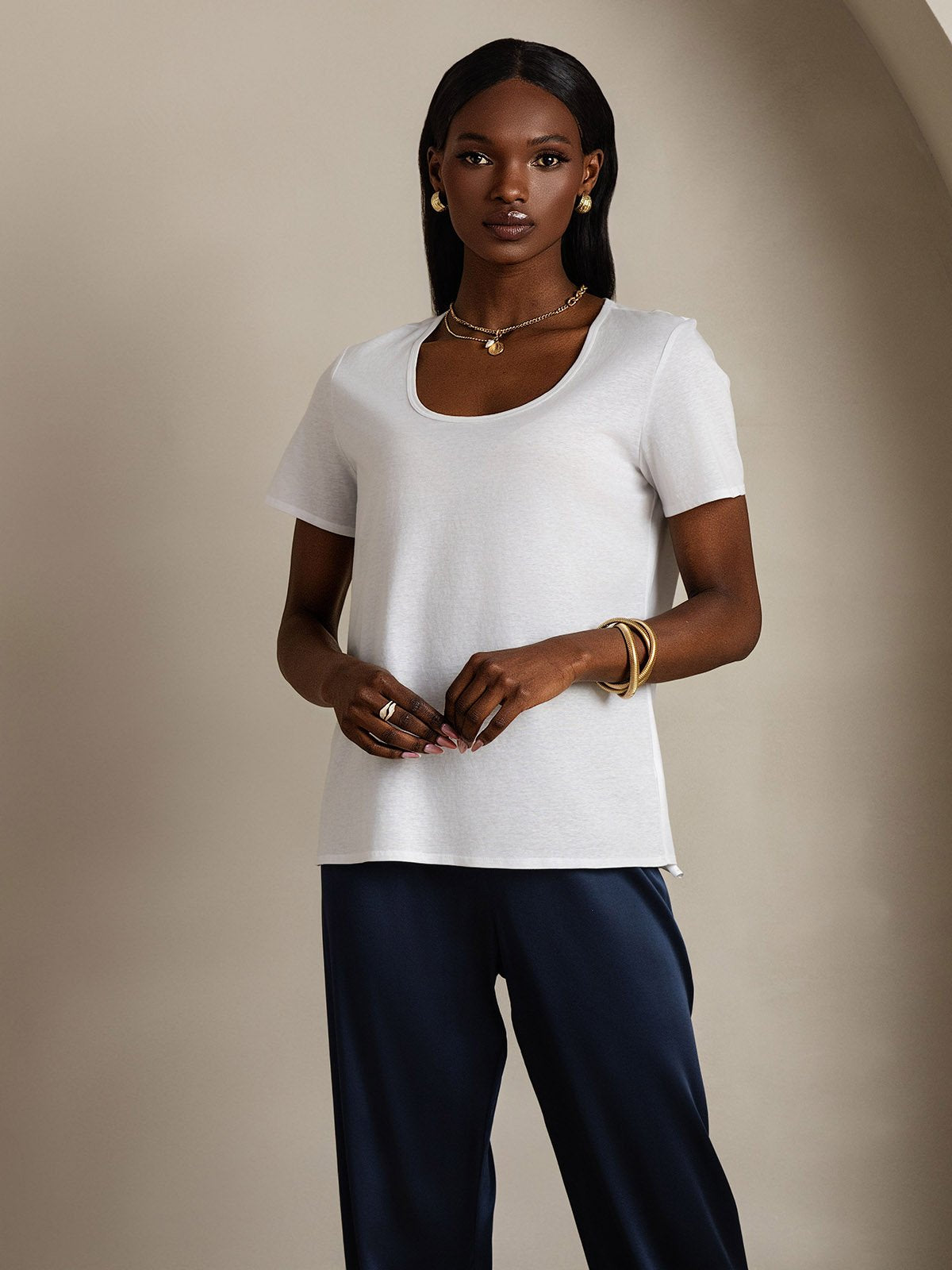 [White] SilkSilky Silk Short Sleeve U Neck Women's T-Shirt 004