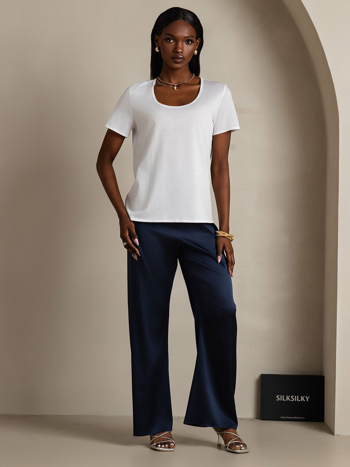 [White] SilkSilky Silk Short Sleeve U Neck Women's T-Shirt 005