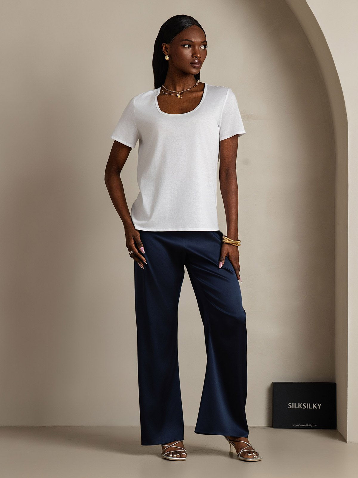 [White] SilkSilky Silk Short Sleeve U Neck Women's T-Shirt 006