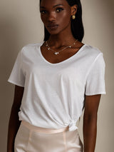 [White] SilkSilky  Short Sleeve V Neck Women's T-Shirt 003