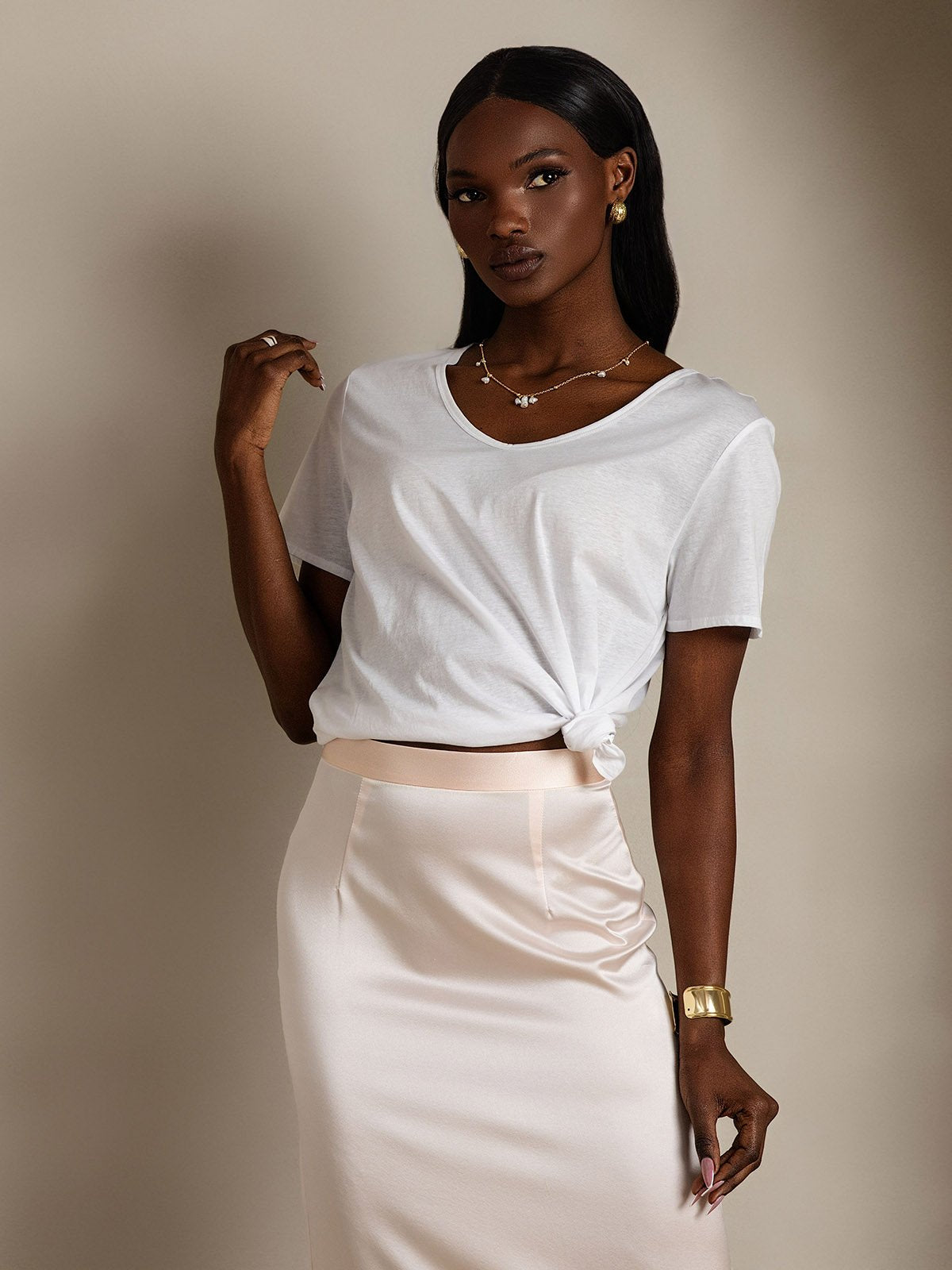 [White] SilkSilky Silk Short Sleeve V Neck Women's T-Shirt 004