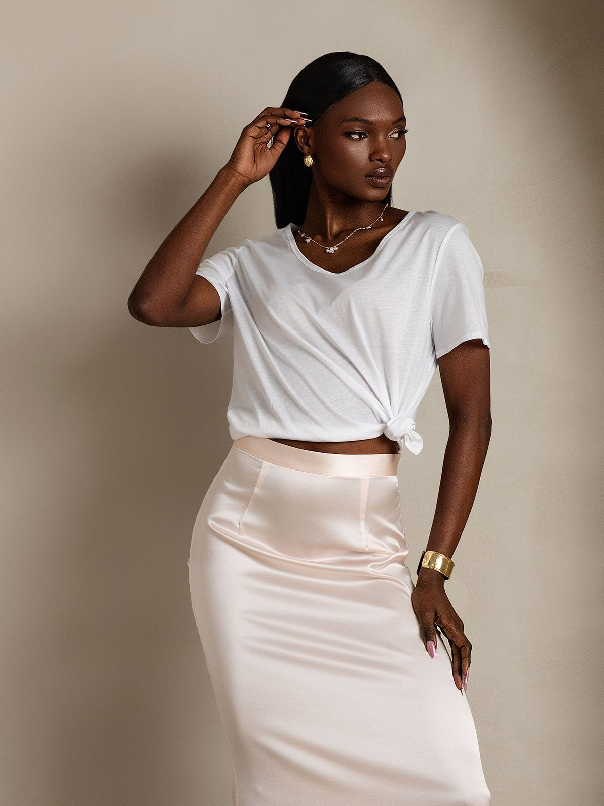 [White] SilkSilky Silk Short Sleeve V Neck Women's T-Shirt 005