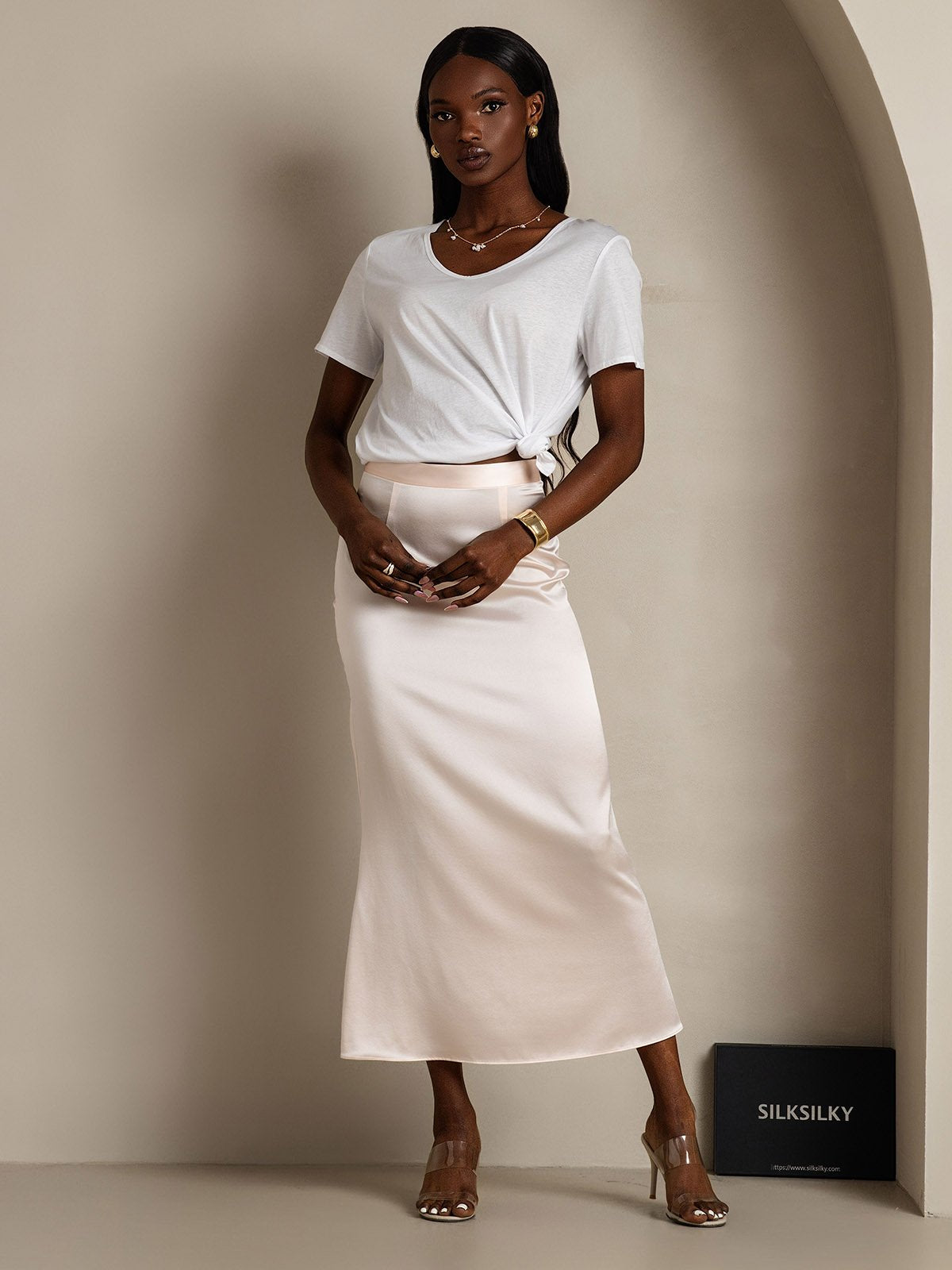 [White] SilkSilky Silk Short Sleeve V Neck Women's T-Shirt 006