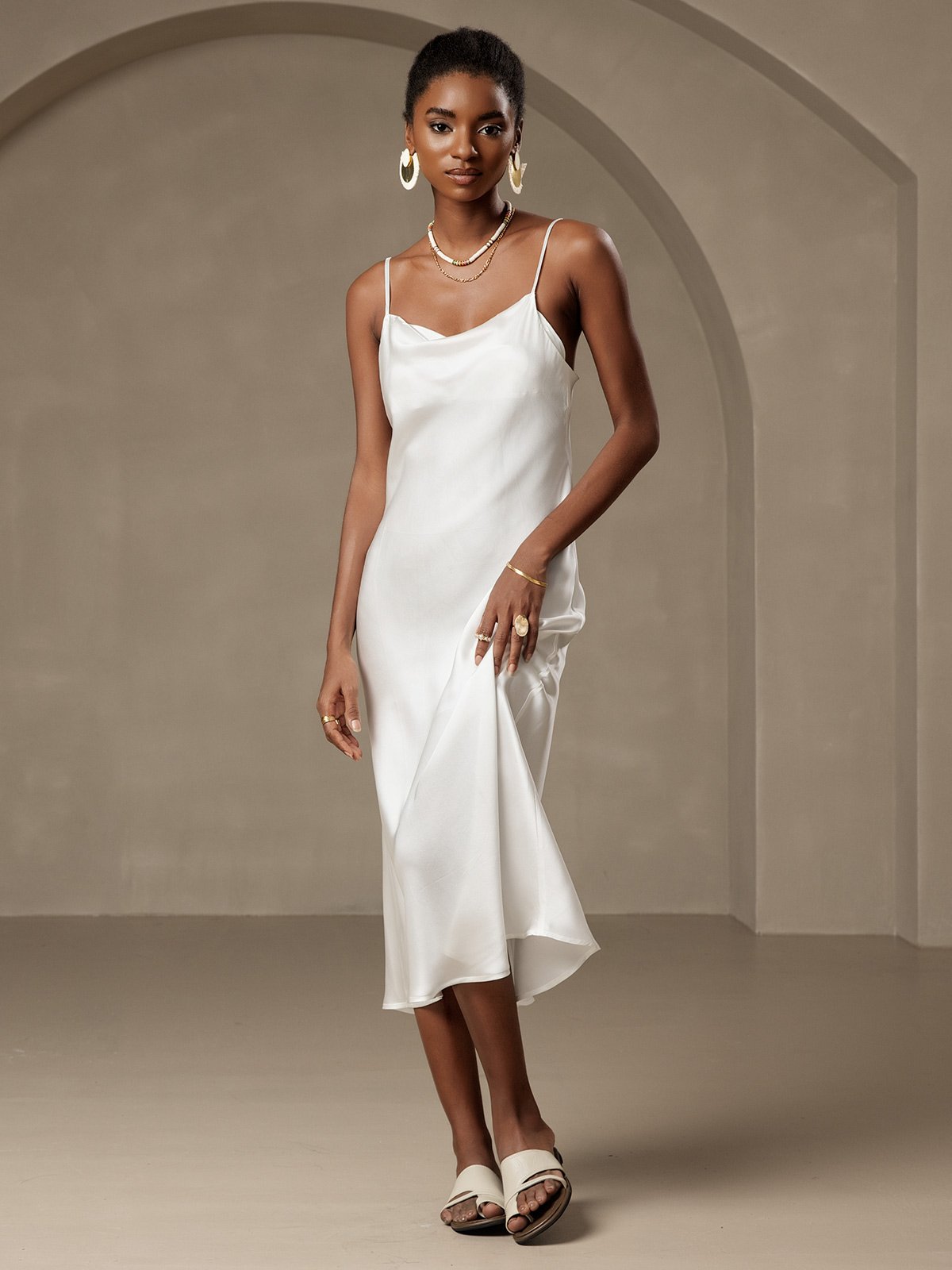SilkSilky 100% Mulberry Silk Cowl Neck Midi Dress, White / S(6)