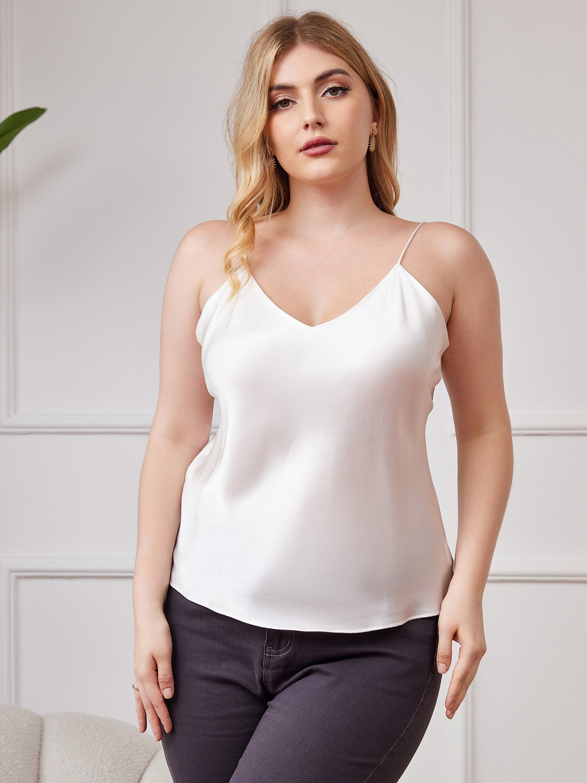 [White] SilkSilky  Spaghetti Strap V Neck Plus Size Camisole Top 001
