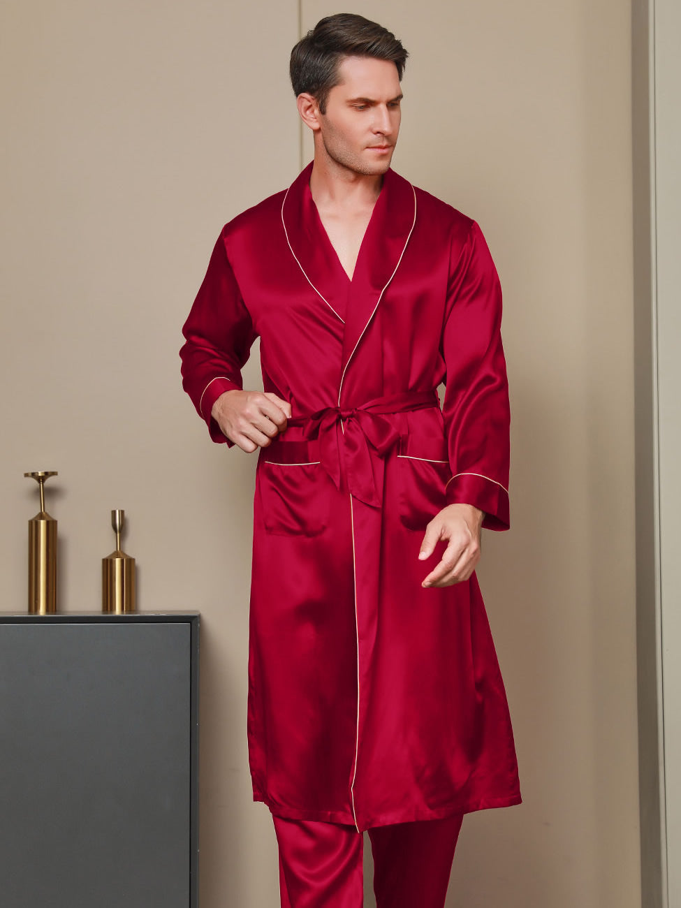 [Wine] SilkSilky 19Momme Pure Silk Long Sleeve Lapel Men's Robe 001