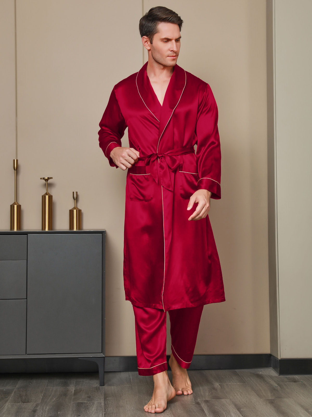 [Wine] SilkSilky 19Momme Pure Silk Long Sleeve Lapel Men's Robe 003