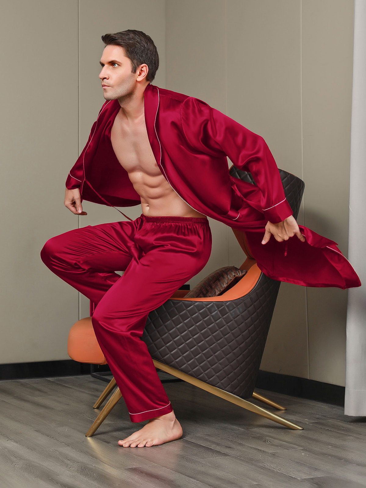 [Wine] SilkSilky 19Momme Pure Silk Long Sleeve Lapel Men's Robe 005