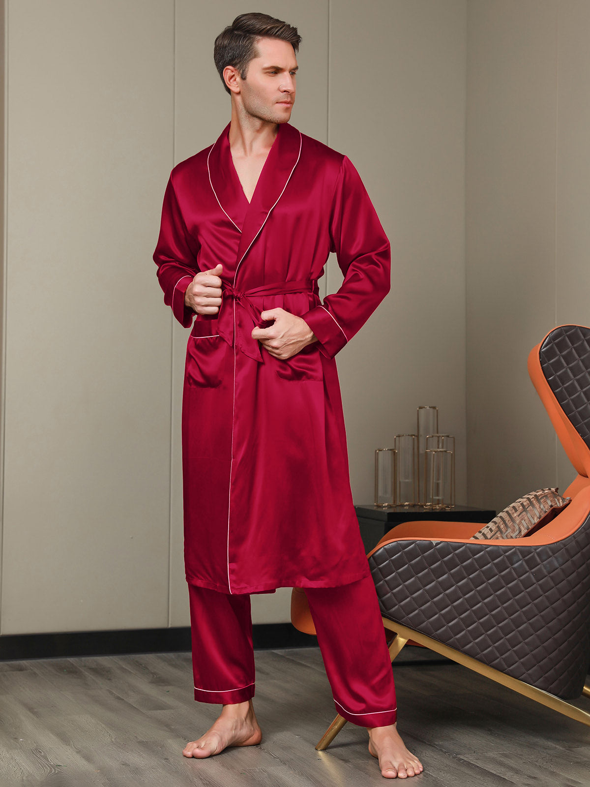 [Wine] SilkSilky 19Momme Pure Silk Long Sleeve Lapel Men's Robe 006