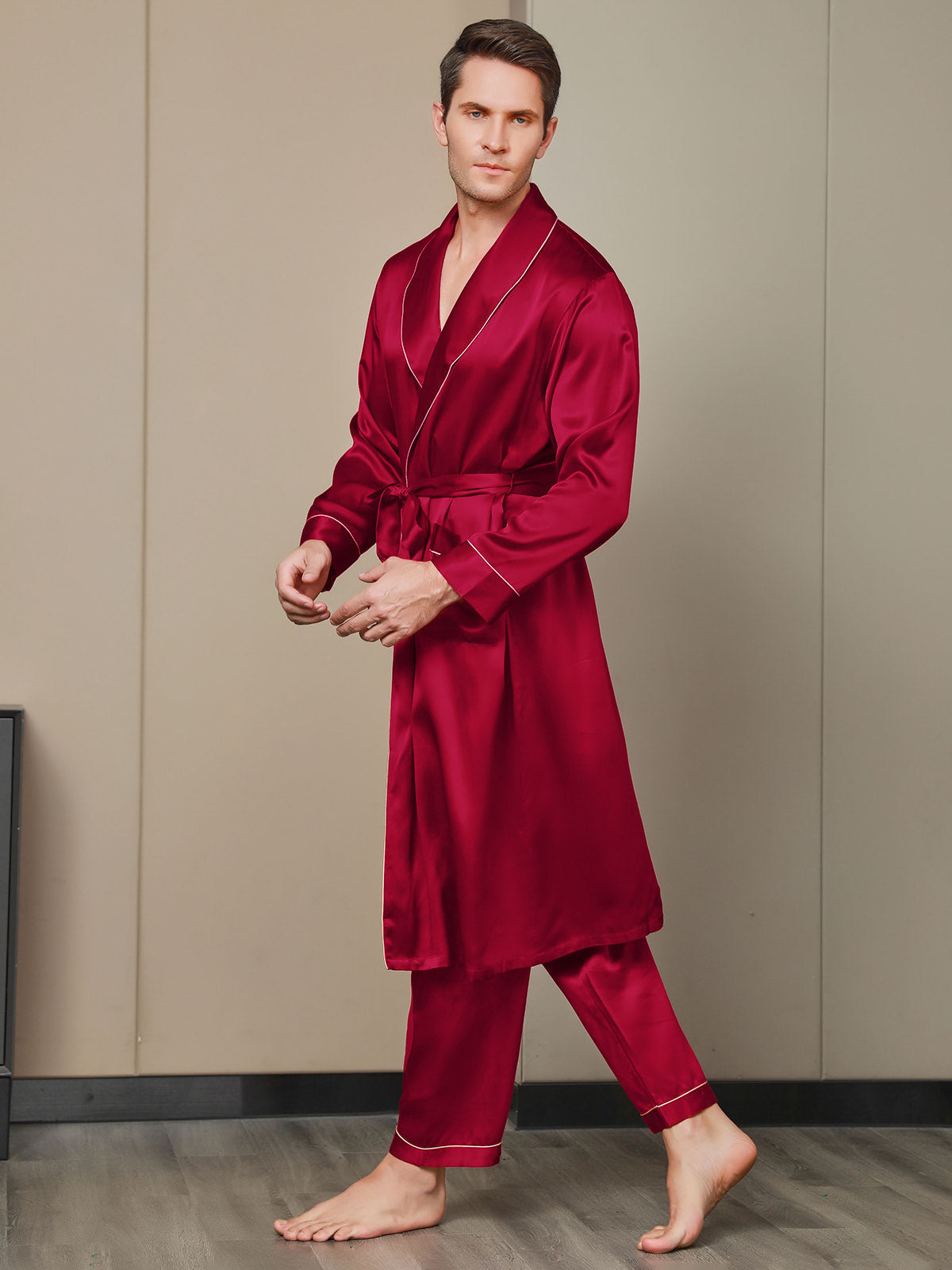 [Wine] SilkSilky 19Momme Pure Silk Long Sleeve Lapel Men's Robe 007