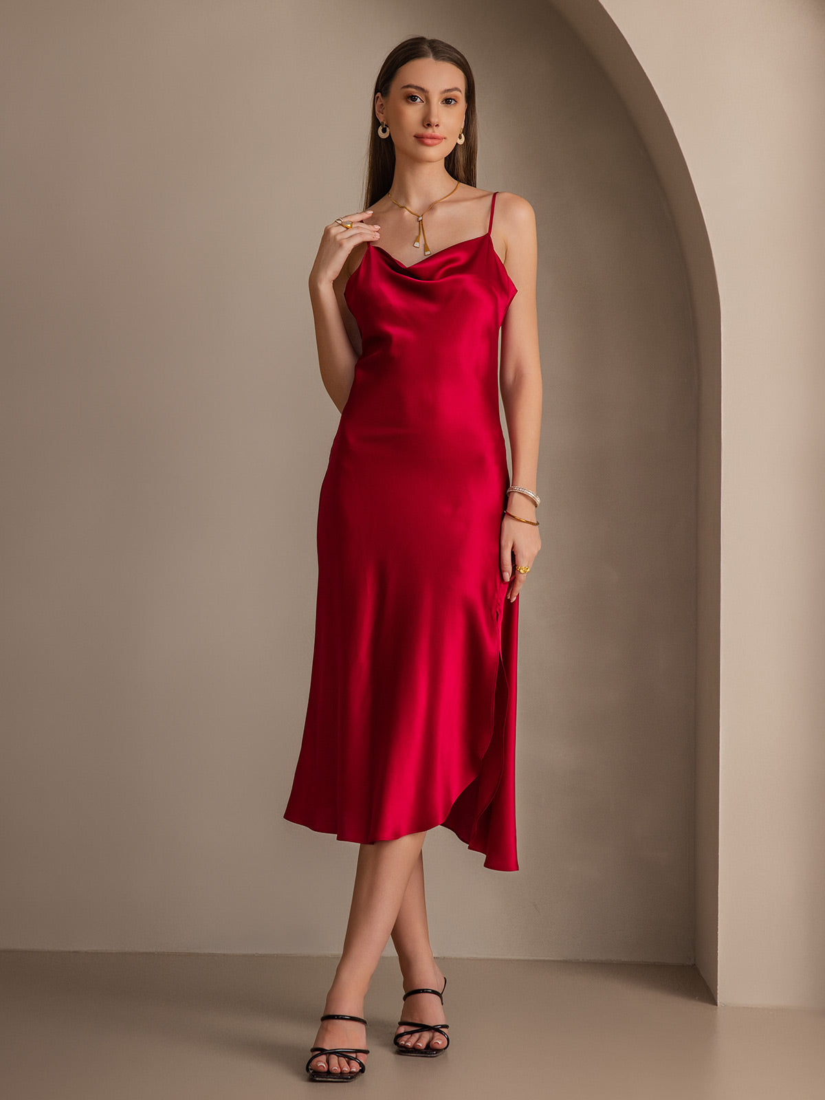 [Wine] SilkSilky 19Momme Pure Silk Sleeveless Cowl Neck Dress 001