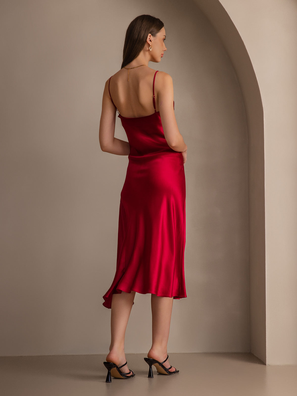 [Wine] SilkSilky 19Momme Pure Silk Sleeveless Cowl Neck Dress 002