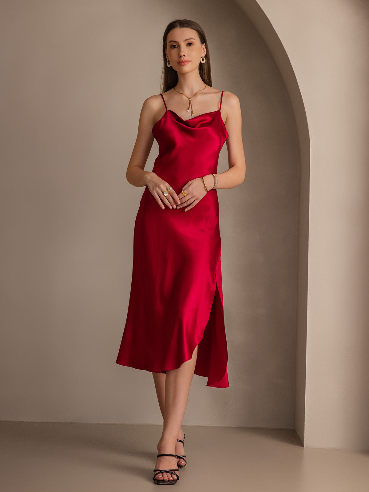 [Wine] SilkSilky 19Momme Pure Silk Sleeveless Cowl Neck Dress 005