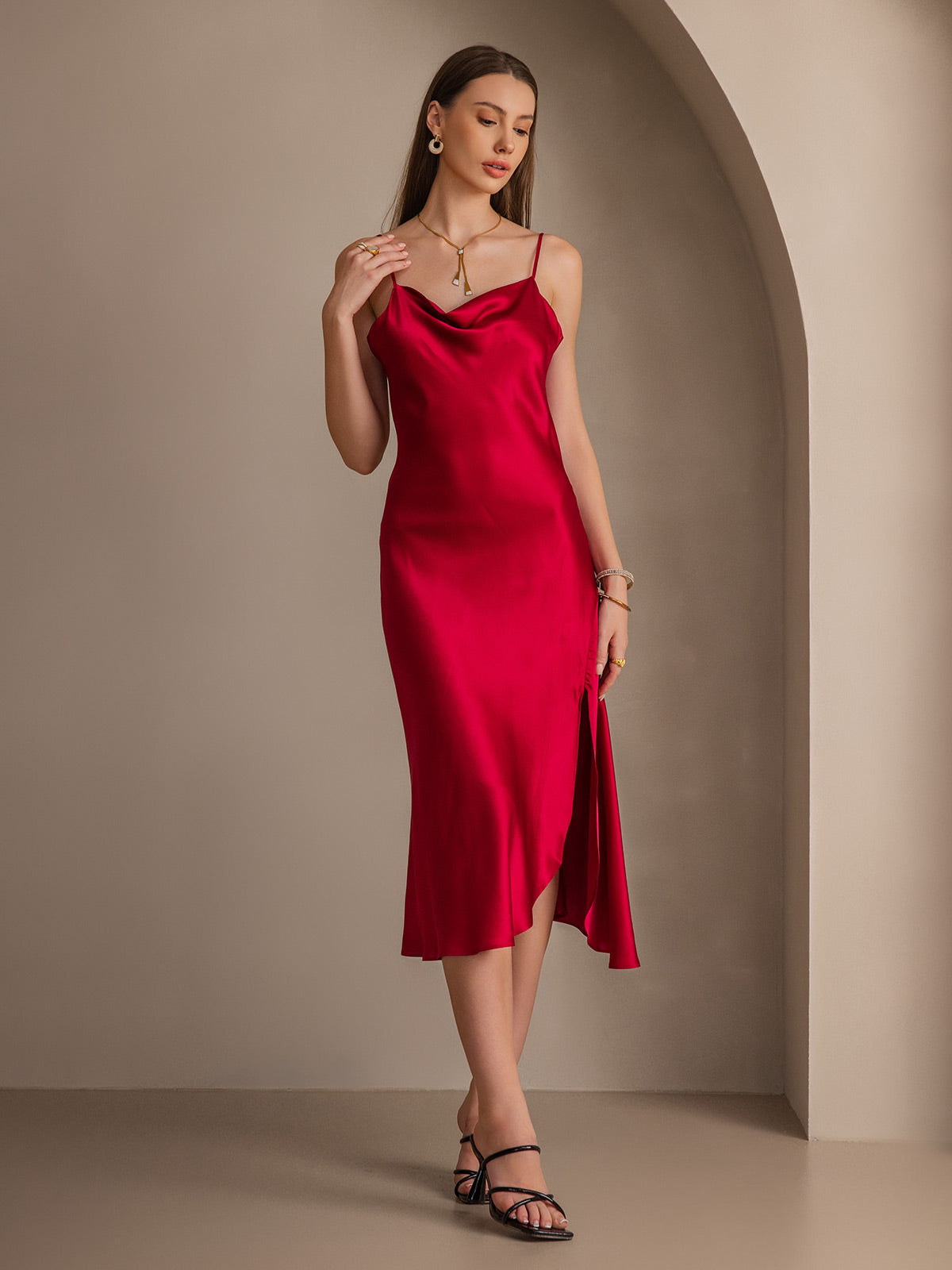[Wine] SilkSilky 19Momme Pure Silk Sleeveless Cowl Neck Dress 005