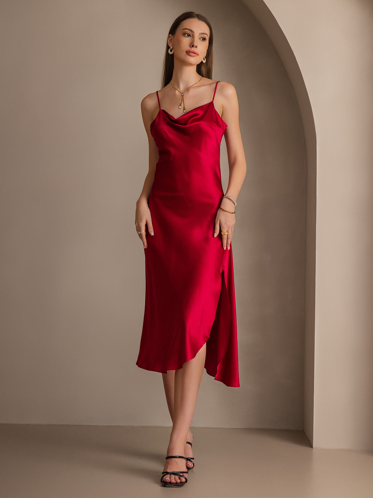 [Wine] SilkSilky 19Momme Pure Silk Sleeveless Cowl Neck Dress 006
