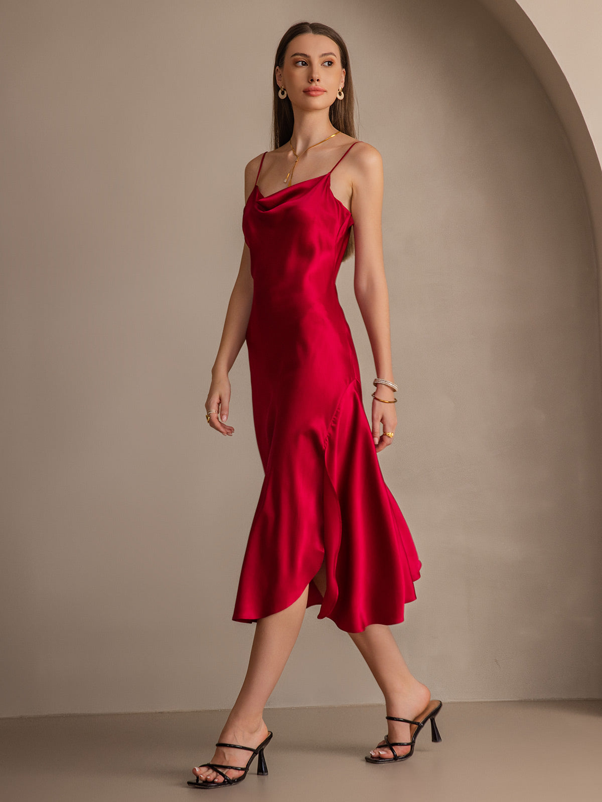 [Wine] SilkSilky 19Momme Pure Silk Sleeveless Cowl Neck Dress 006