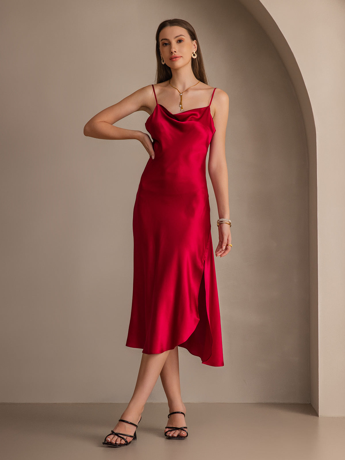 [Wine] SilkSilky 19Momme Pure Silk Sleeveless Cowl Neck Dress 007