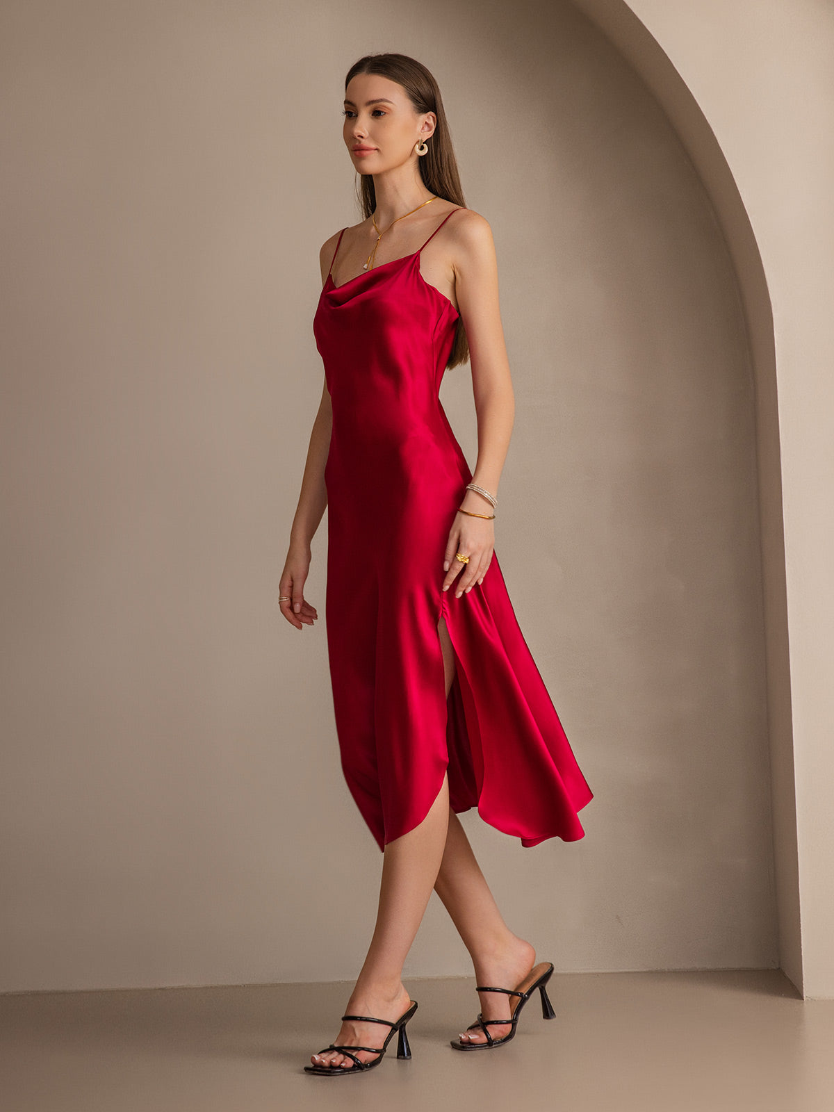 [Wine] SilkSilky 19Momme Pure Silk Sleeveless Cowl Neck Dress 008