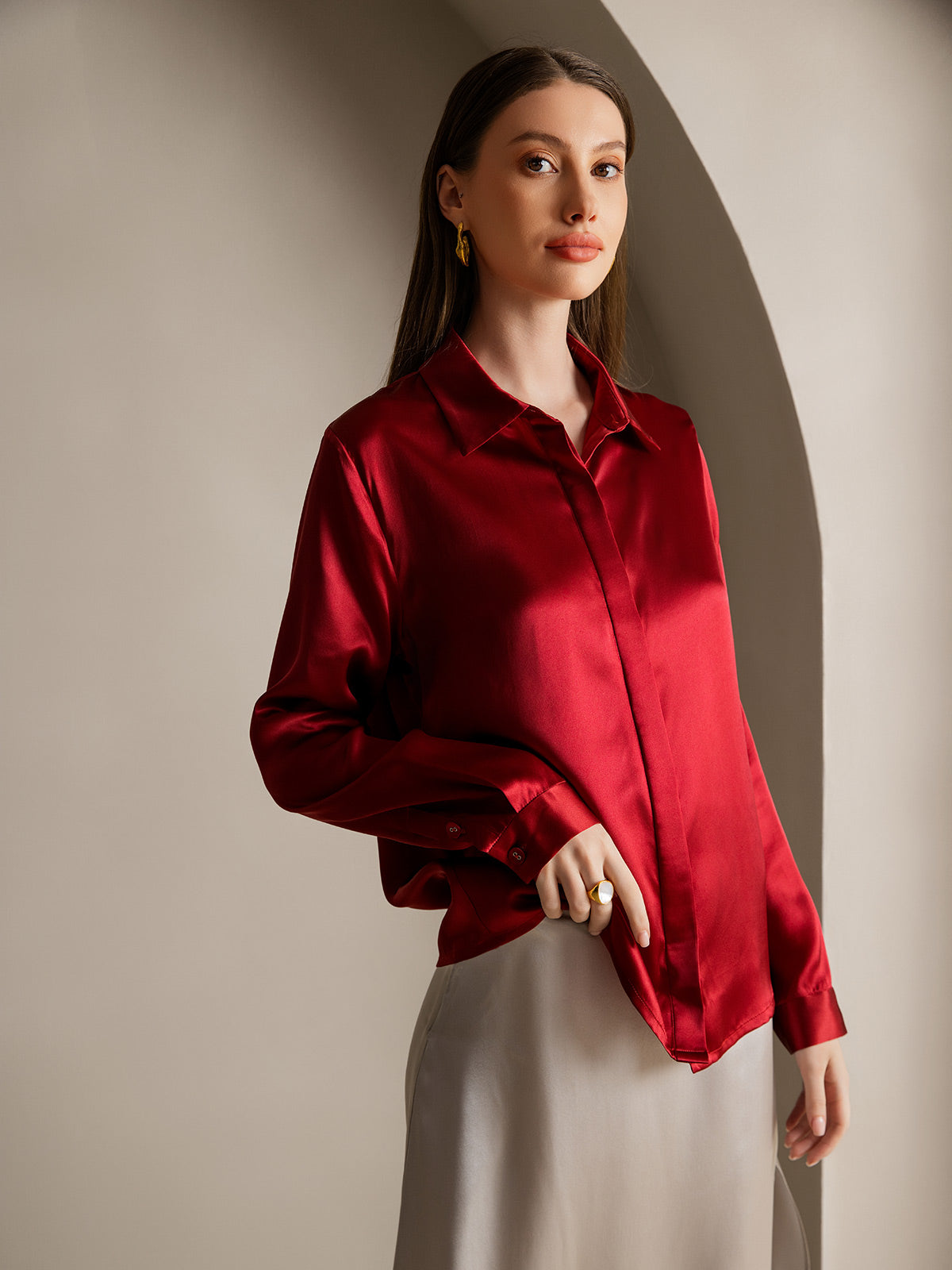 [Wine] SilkSilky  19Momme Silk Lapel Collar Women's Shirt 003