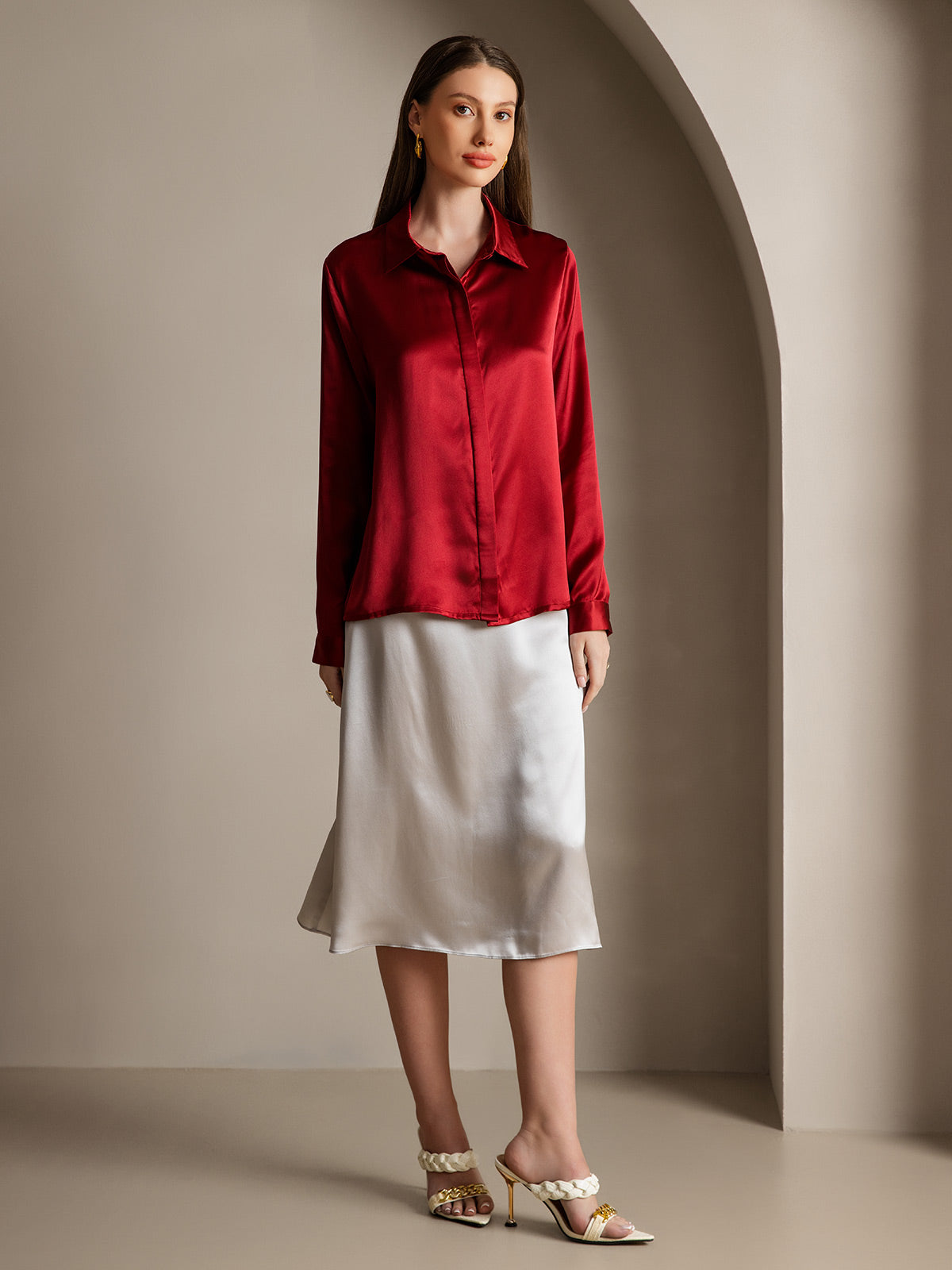 [Wine] SilkSilky  19Momme Silk Lapel Collar Women's Shirt 004