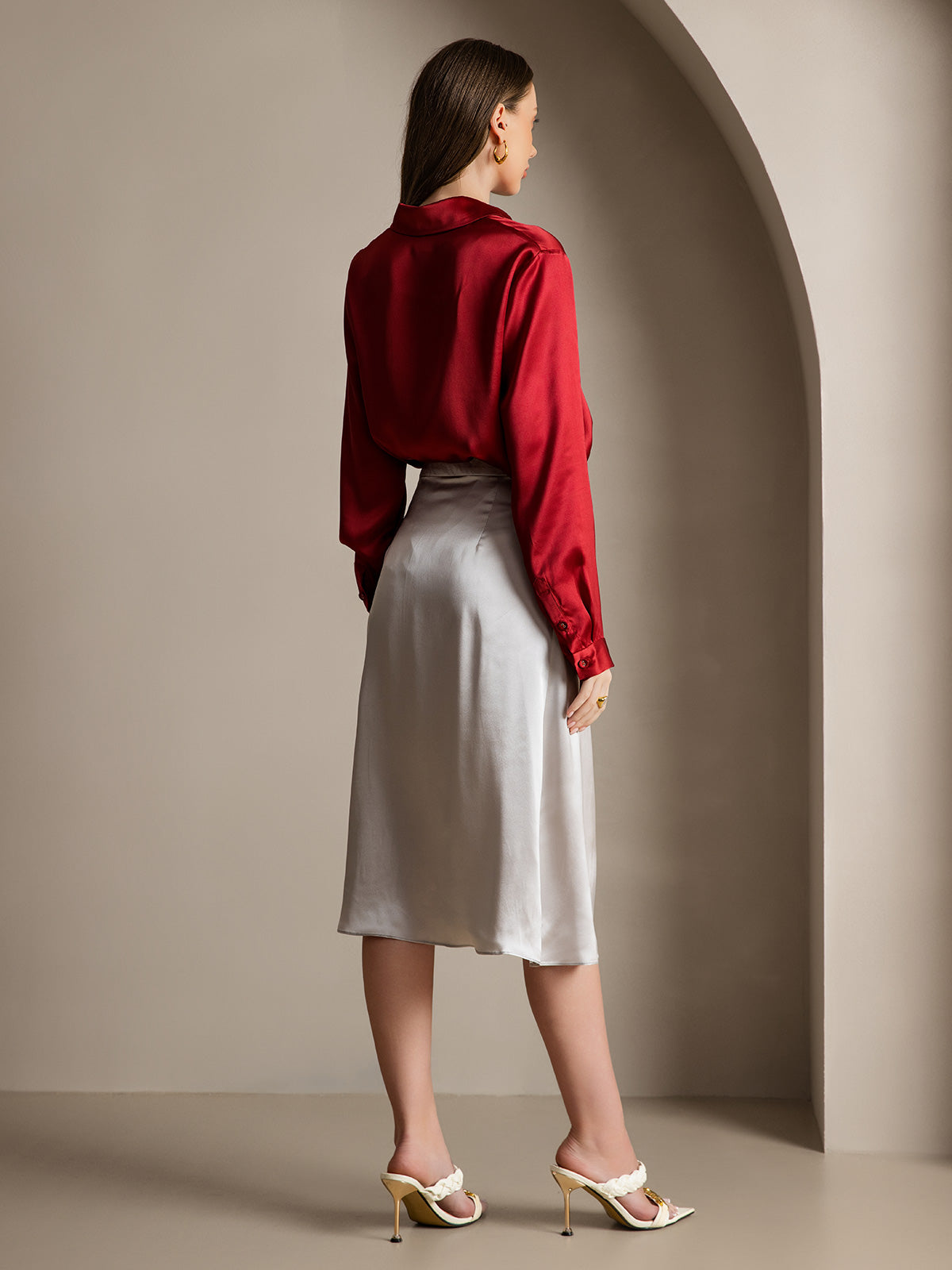 [Wine] SilkSilky  19Momme Silk Lapel Collar Women's Shirt 005