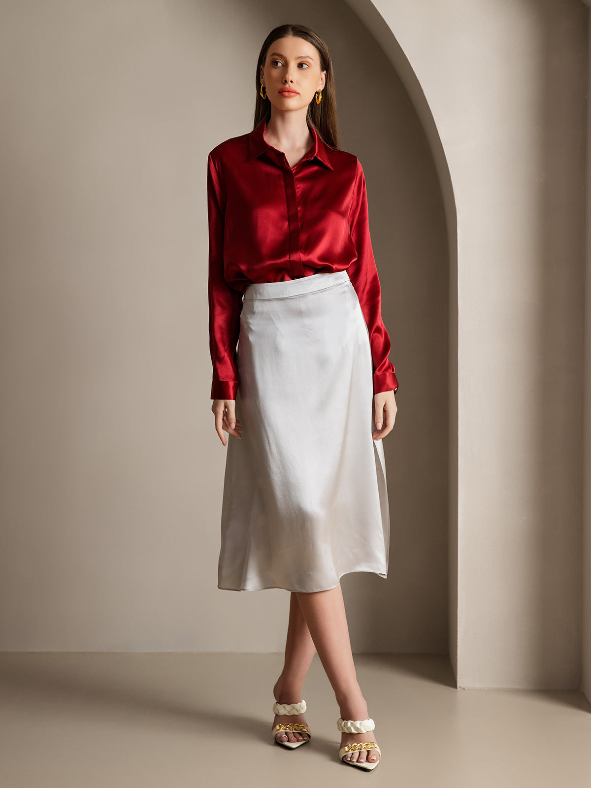 [Wine] SilkSilky  19Momme Silk Lapel Collar Women's Shirt 006
