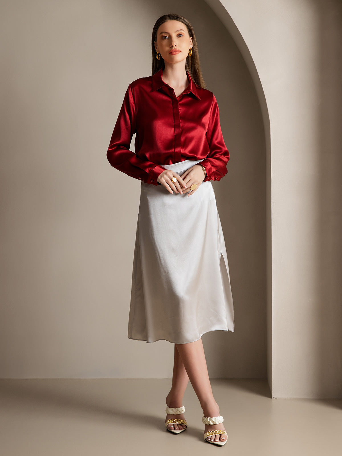 [Wine] SilkSilky  19Momme Silk Lapel Collar Women's Shirt 007