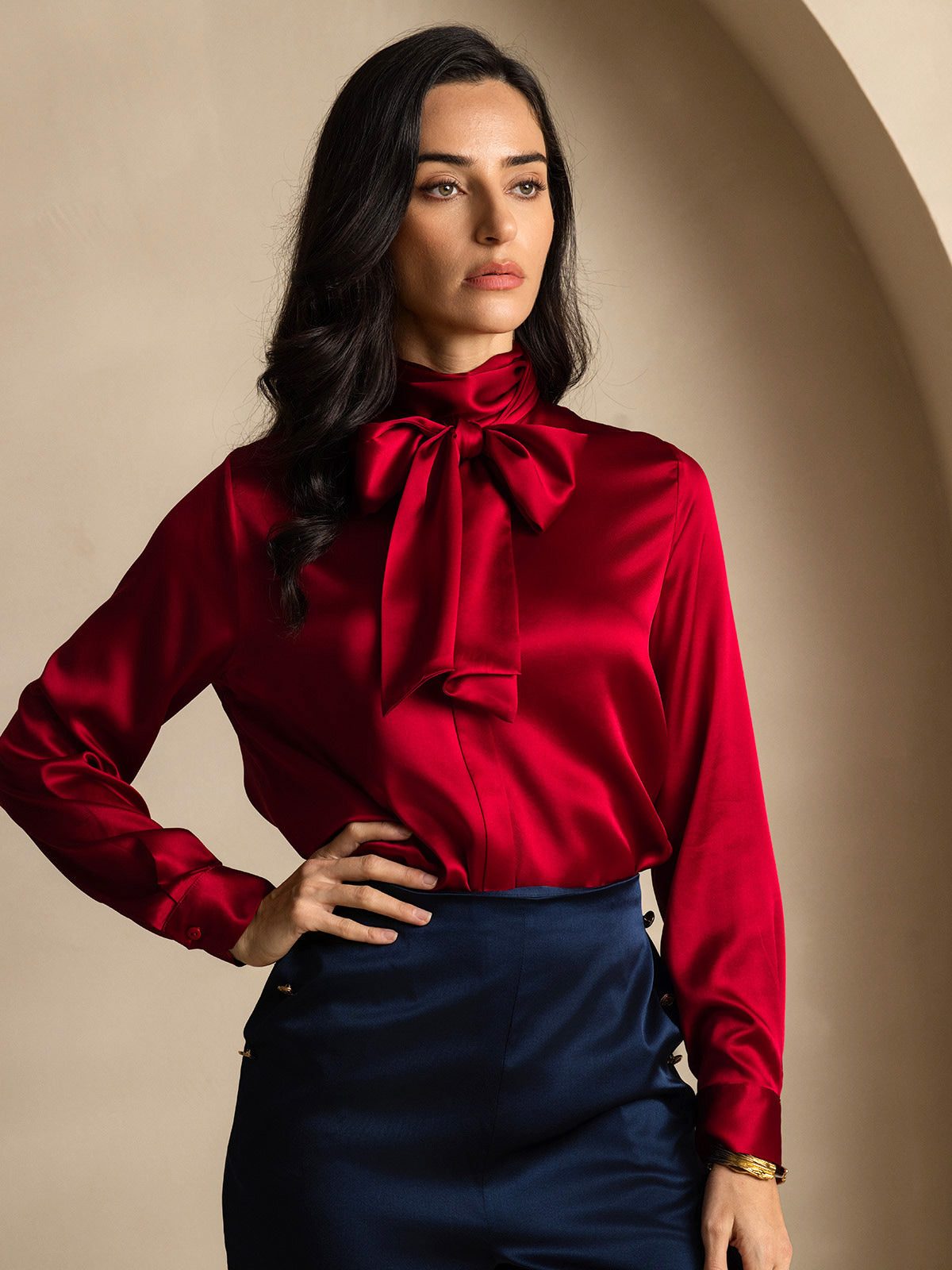 [Wine] SilkSilky 19Momme Silk Long Sleeve Tie Neck Women's Shirt 001