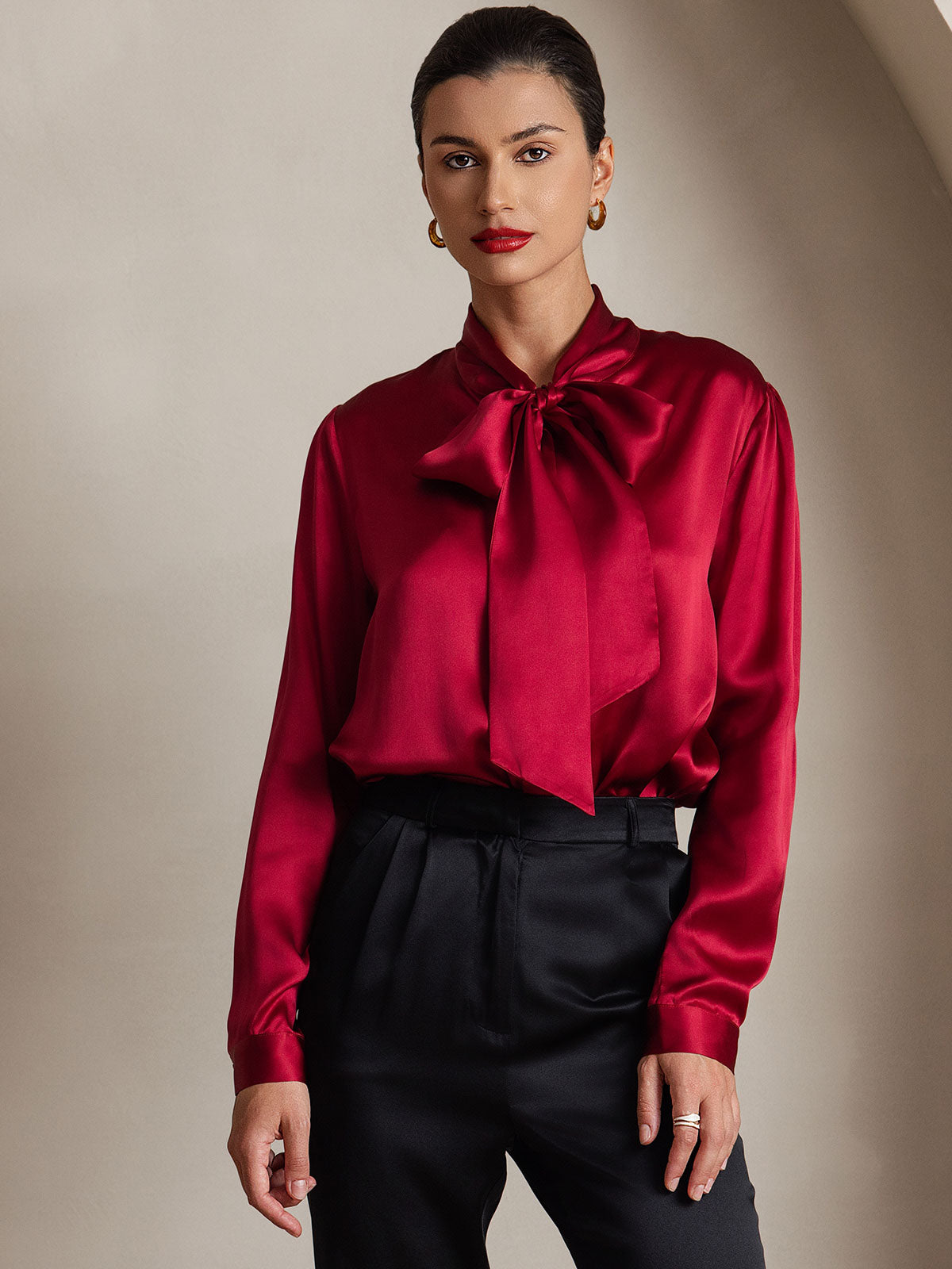 [Wine] SilkSilky 19Momme Silk Long Sleeve Tie Neck Women's Shirt 001