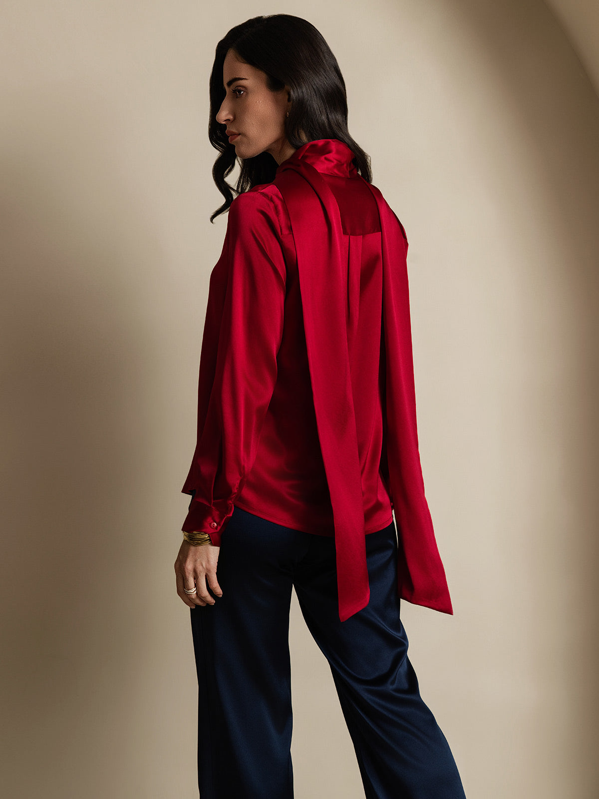 [Wine] SilkSilky 19Momme Silk Long Sleeve Tie Neck Women's Shirt 002