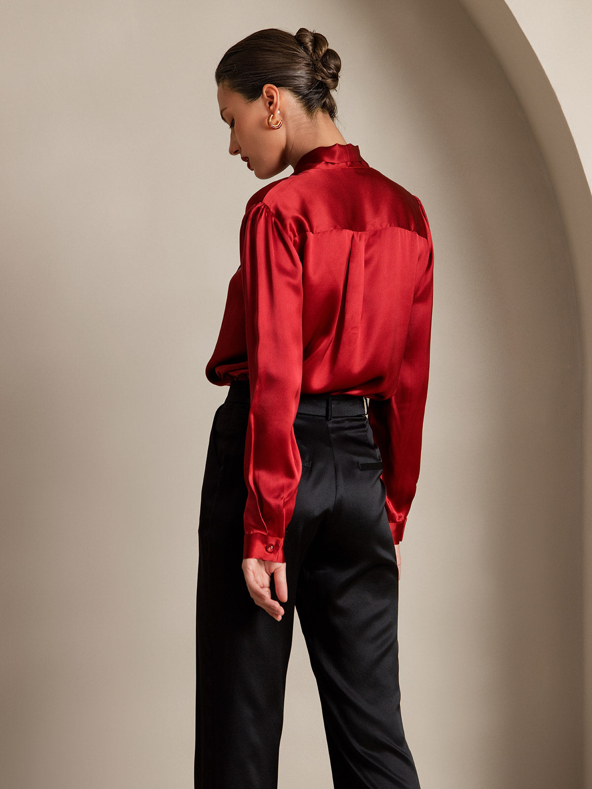 [Wine] SilkSilky 19Momme Silk Long Sleeve Tie Neck Women's Shirt 002