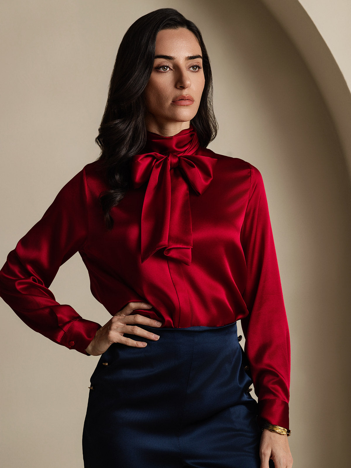 [Wine] SilkSilky 19Momme Silk Long Sleeve Tie Neck Women's Shirt 003